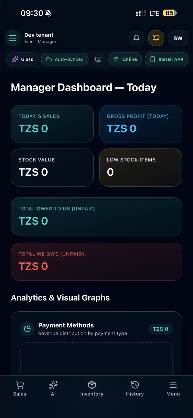 Duka POS manager dashboard showing today's sales, gross profit, stock value, and low stock items
