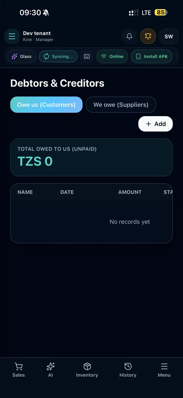 Duka POS debtors and creditors screen showing total amount owed by customers
