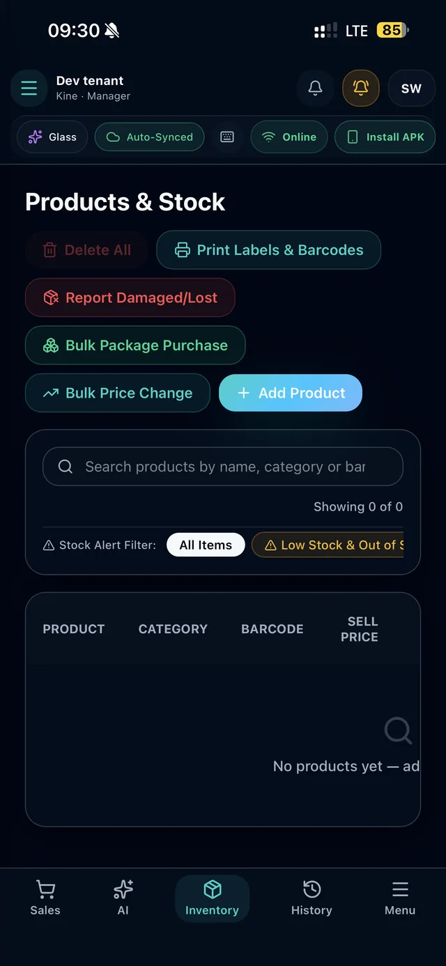 Duka POS inventory screen listing products with stock alert filters and bulk actions