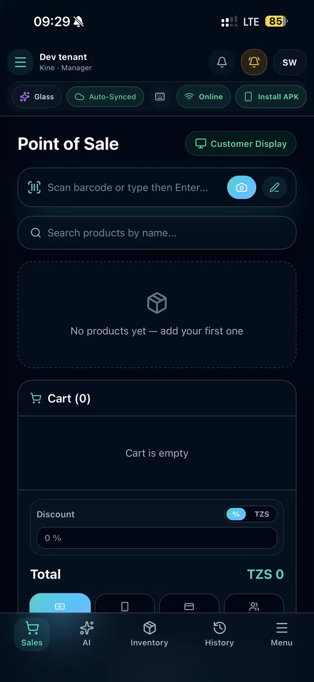 Duka POS checkout screen showing a search bar, empty cart, and payment method buttons